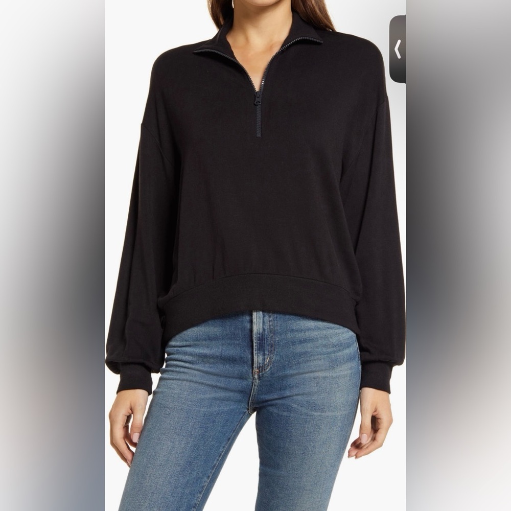 Nordstrom Black Boxy 3/4 Sleeve Polo Sweatshirt